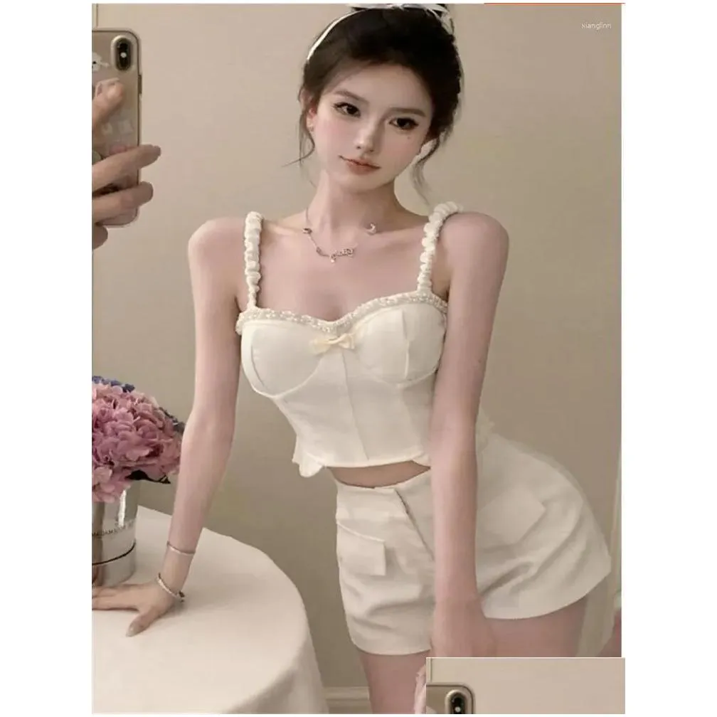 Women`s Tracksuits Sexy Two Piece Short Set Women Summer Fashion Conjunto Para Mujer 2 Piezas Cute Pearl Camisole Tops & Femme Pieces
