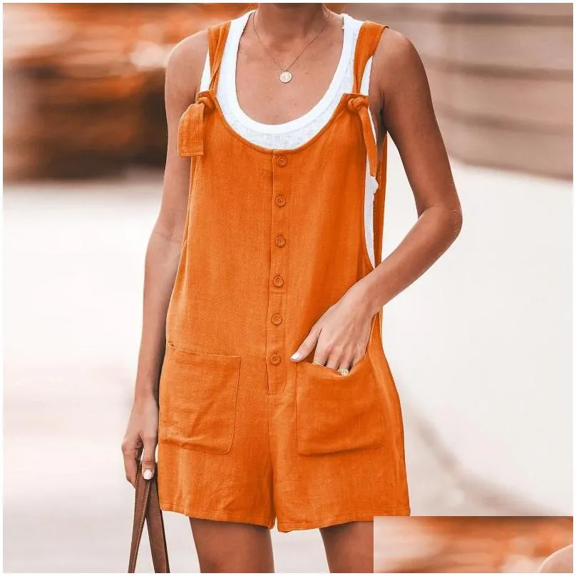 Women`s Jumpsuits & Rompers Women Cotton Linen Short Romper Summer Strappy Straight Playsuits 2021 Casual Buttons Loose Ladies Big Pocket