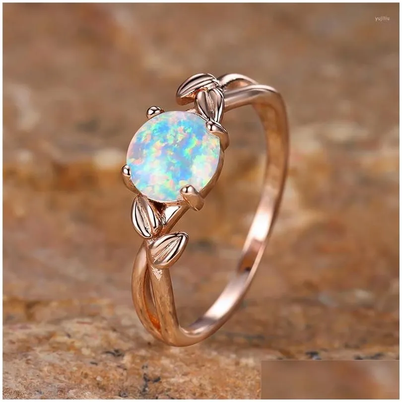 Wedding Rings White Fire Opal Round Stone Ring Antique Branch Leaf Thin For Women Rose Gold Color Jewelry Bridal Engagement