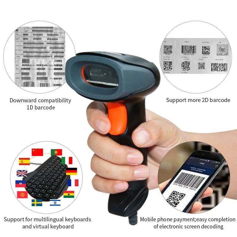 2d qr usb wired barcode scanner handheld led bar code reader scanner barcode receiver reader for supermarket free