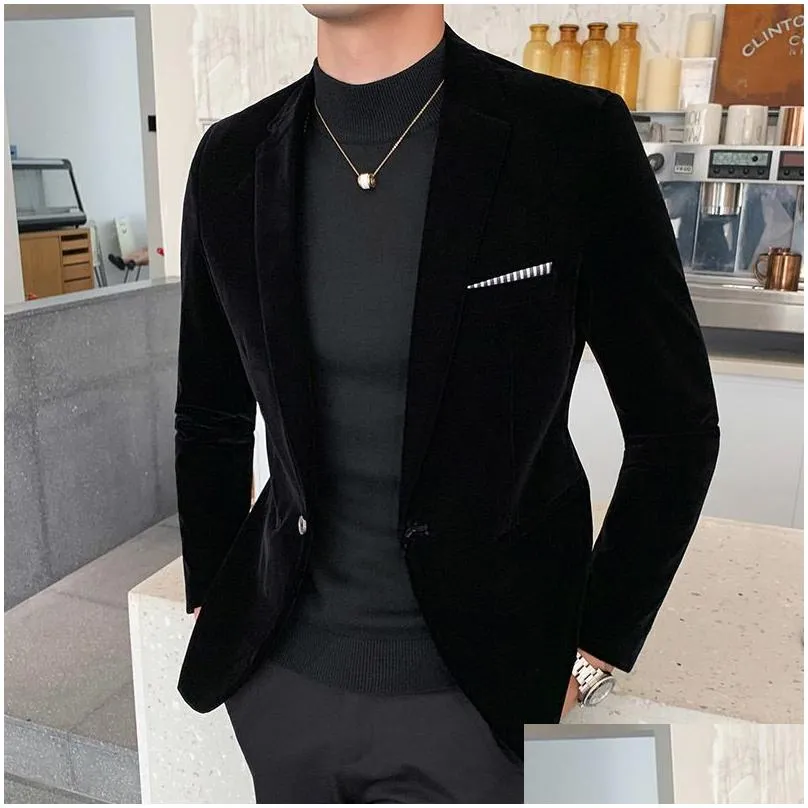 Men`S Suits & Blazers Brand Men Golden Veet Suitmale Slim High Quality Business Blazersgrooms Wedding Dress Mens Jacket Clothing 2207 Dhi3W