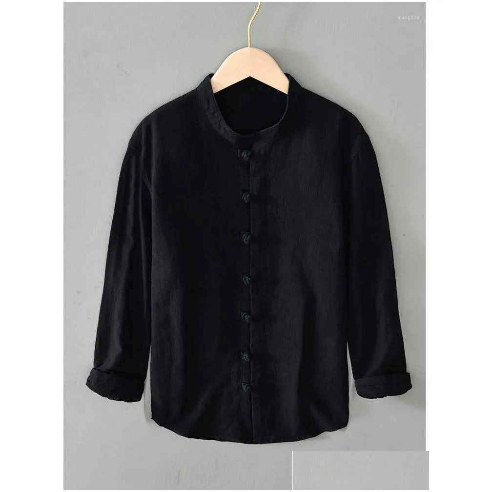 Men`s Casual Shirts Men Cotton Ramie Shirt Formal Retro Chinese Style Long Sleeve Mandarin Collar 2022 Soft Comfort Clothing