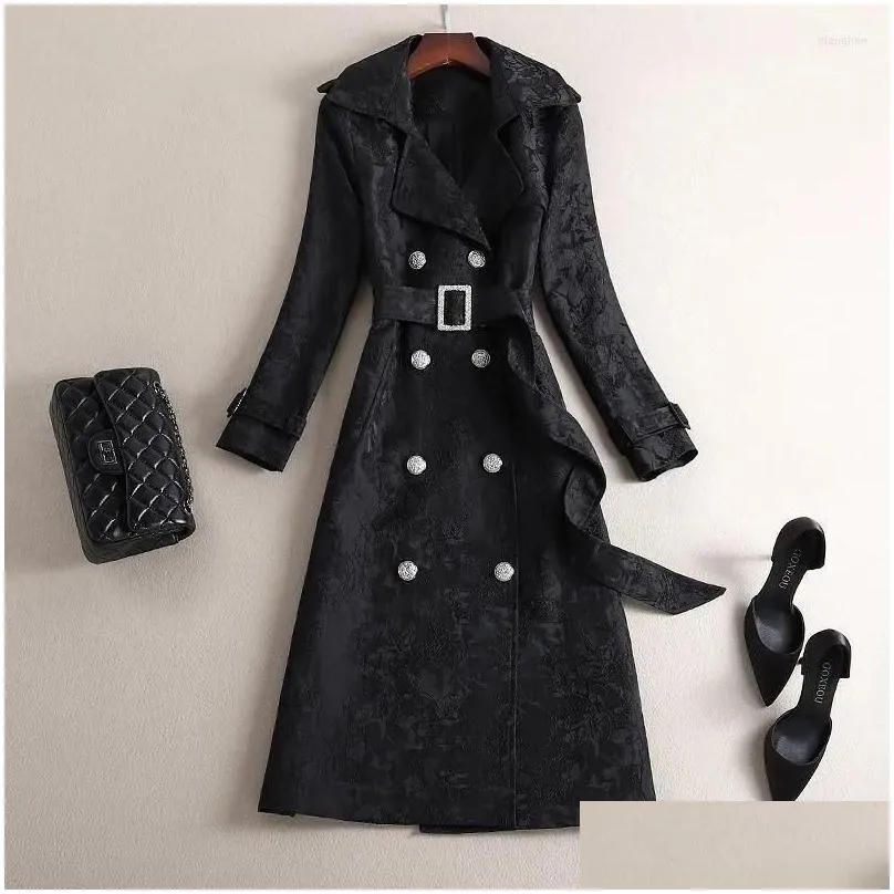 Women`s Trench Coats Temperament Jacquard Windbreaker Female 2022 Autumn High-End Long Lapel Fashion White With Belt Receive Waist