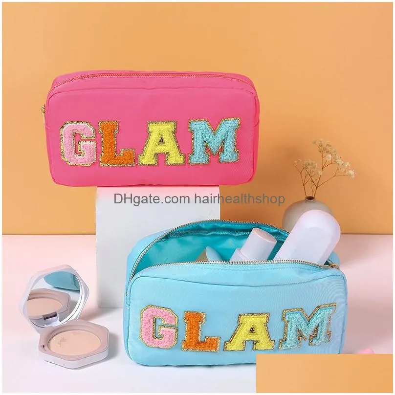 Nylon Cosmetic Bag Chenille Letter Makeup Pouch Zipper Make Up Waterproof Bags with Patches Stuff Organizer for Women