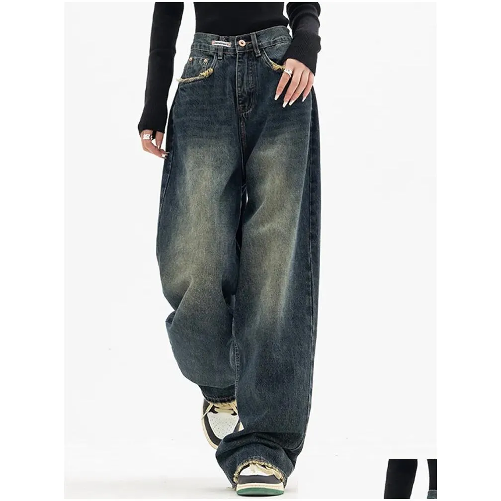 Women`S Plus Size Pants Womens Pant Vintage Streetwear Korean Baggy Cargo Jeans High Waist Straight Wide Leg Denim Trousers Fairy Gru Dhni7