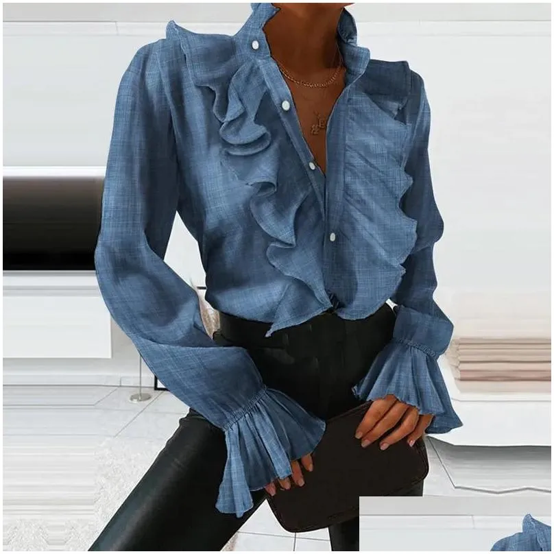 Women`s Blouses & Shirts 2021 Fashion Ladies Casual Solid Blouse Shirt Girls Summer Autumn Long Sleeve Ruffle Loose For Vacation1