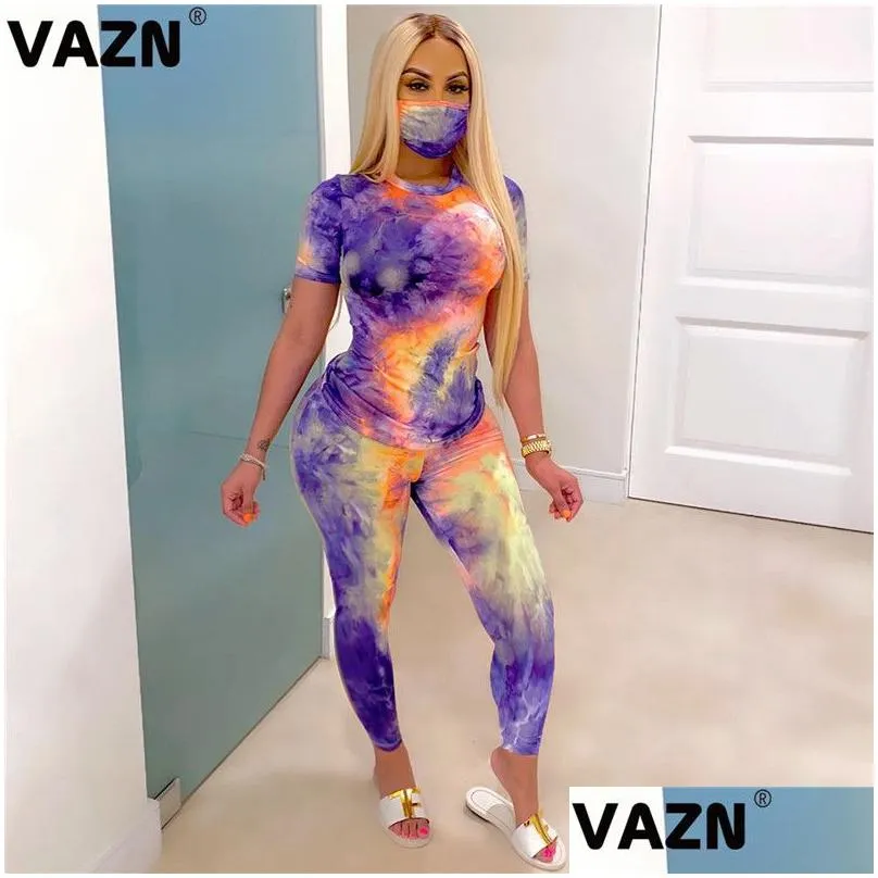 Women`S Two Piece Pants Vazn Stie Dye Print Colorf Y Tops Leggings 3 Pieces Set With Mask Casual Beach Clothing Ladies Women Sets T20 Dhapu