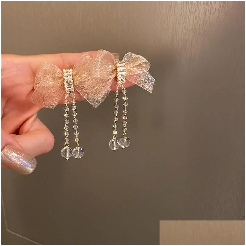 Dangle & Chandelier Korean 2022 Summer Trendy Cloth Bow Crystal Tassel Earrings For Women Sweet Jewelry Elegant Long Pendientes