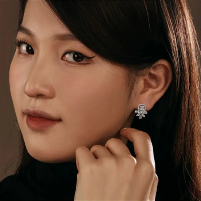 Flower Lab Diamond Dangle Earring 100% Real Sterling Sier Wedding Drop Earrings for Women Bridal Promise Jewelry Gift