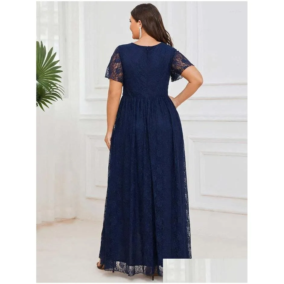 Plus Size Dresses Women Elegant 2023 Lace Short-sleeved V-neck Party Evening Dress Irregular Wave For Large Female