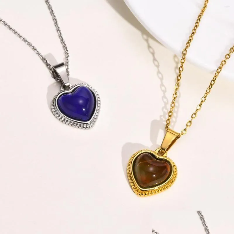 Pendant Necklaces Fashion Temperature Change Color Stone Necklace For Women Stainless Steel Heart Collar Gift To Mom Girls Jewelry