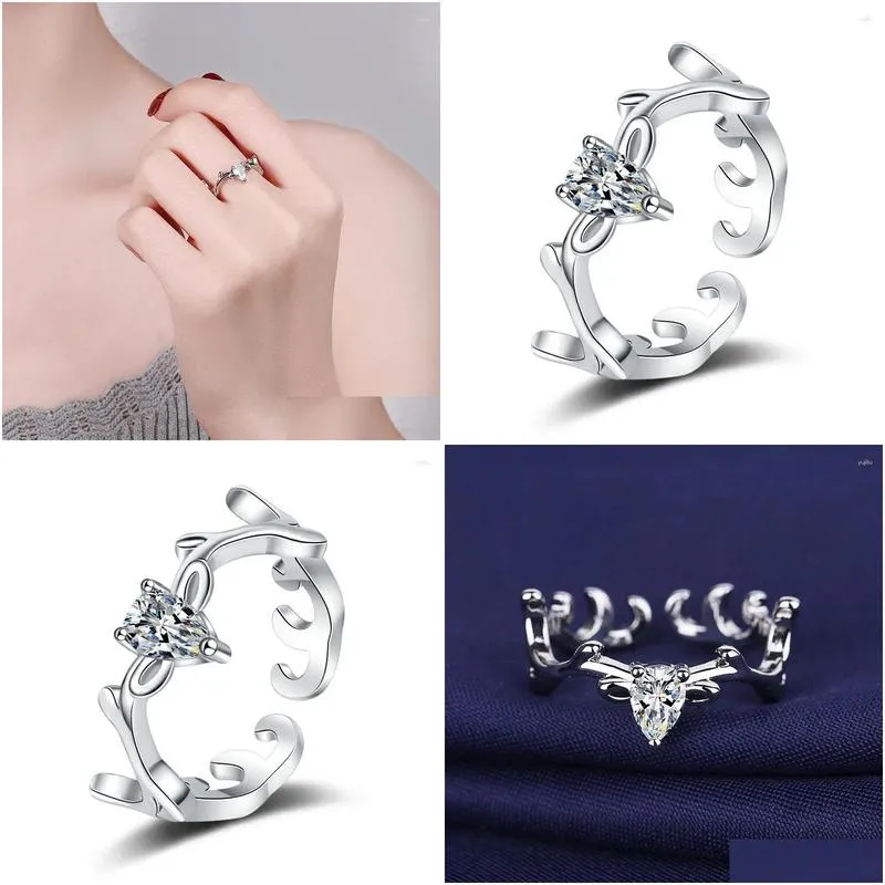 Cluster Rings Fashion Christmas Elk Antler Crystal Opening Ring Romantic Love Couple Women`s Party Jewelry Gift