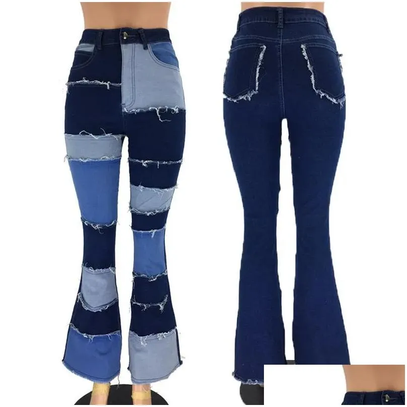 Women`s Jeans Patchwork Woman High Waist Vintage Flare Sexy Ladies Bell Bottom Jean Denim Pants Trousers1