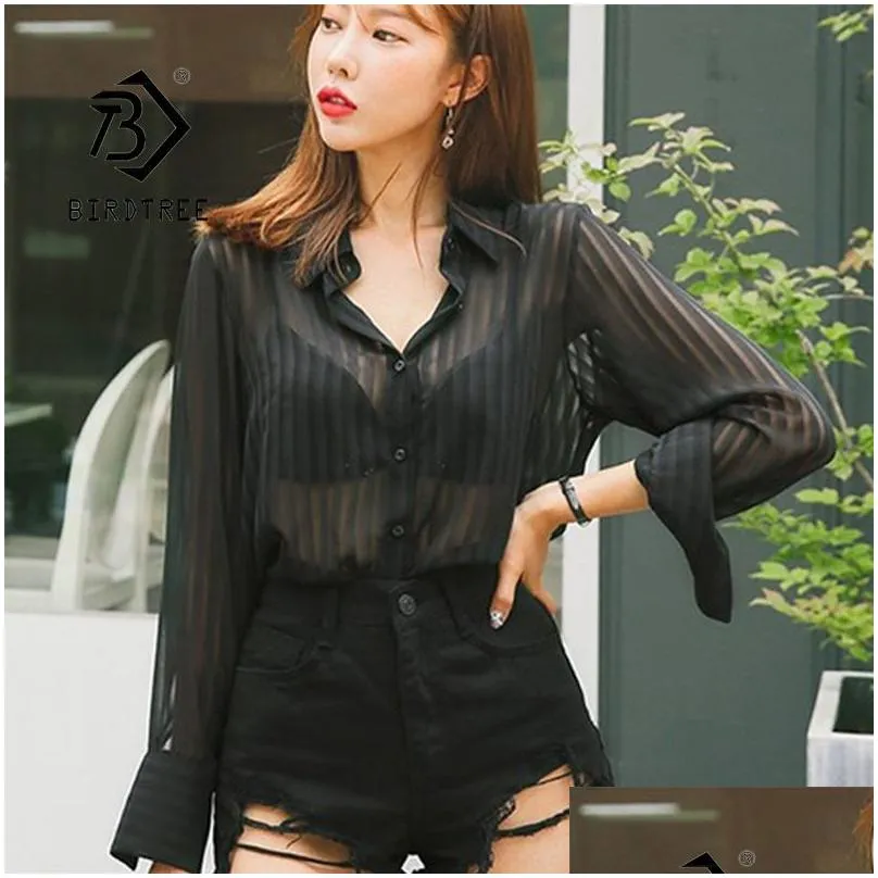 Basic & Casual Dresses Black Chiffon Shirt Lady Ol Striped Y See Through Female Fl Sleeve Elegant Office Top Blouse T08202R 220518 Dr Dhk89