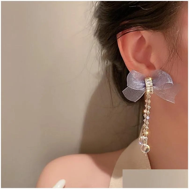 Dangle & Chandelier Korean 2022 Summer Trendy Cloth Bow Crystal Tassel Earrings For Women Sweet Jewelry Elegant Long Pendientes