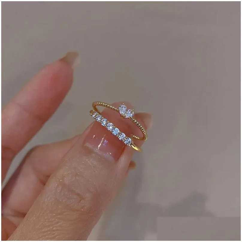 Cluster Rings 2pcs Luxury Designer Heart Crystal Ring Set Simple Enamel Love For Women Charm Bridal Wedding Valentine`s Day Gift