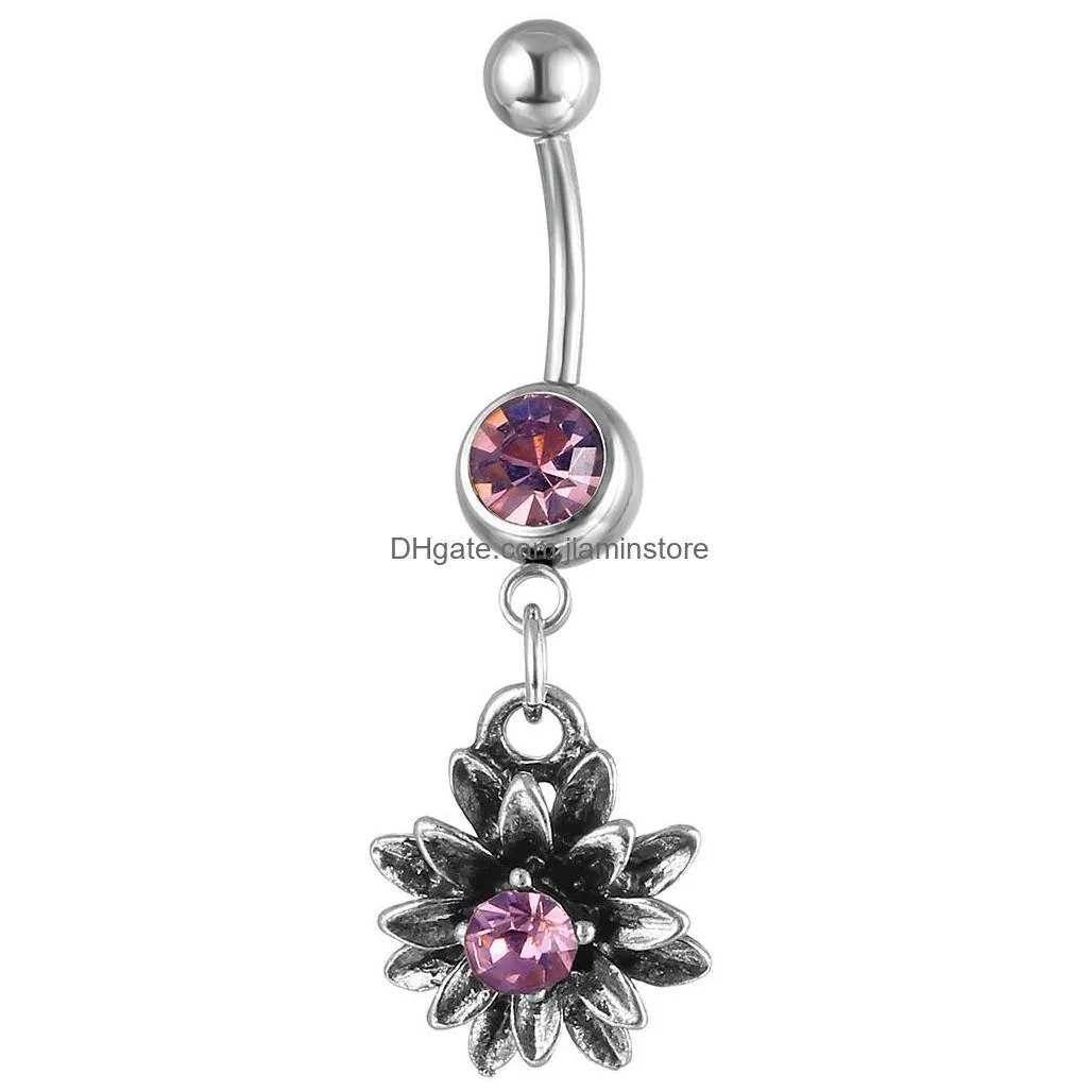 YYJFF D0697 Flower Belly Navel Button Ring Mix Colors 14GA 10MM Body Piercing Jewelry