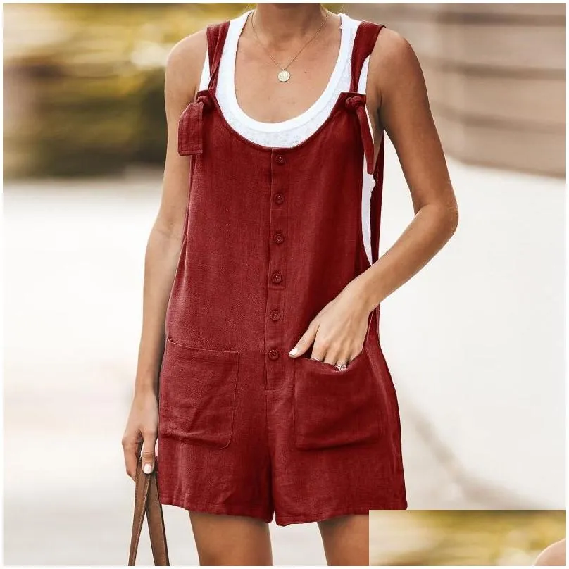 Women`s Jumpsuits & Rompers Women Cotton Linen Short Romper Summer Strappy Straight Playsuits 2021 Casual Buttons Loose Ladies Big Pocket