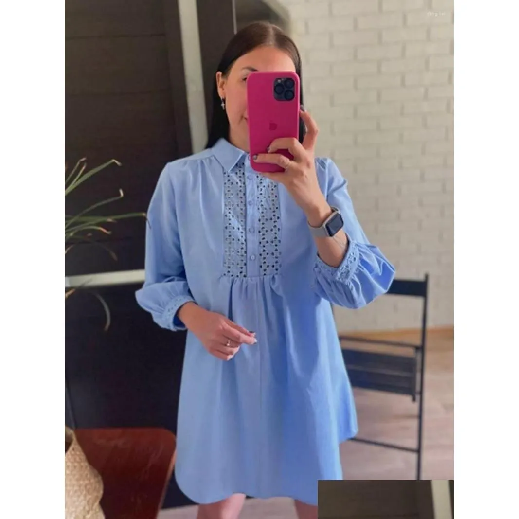 Casual Dresses Hollow Out Solid Shirt Dress 2023 Women Summer Turndown Collar Lantern Sleeve Embroidered Mini Fashion Vestidos