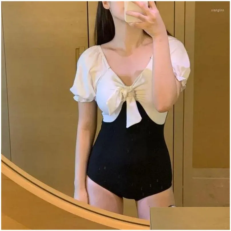 Women`s Swimwear Ladies Korea 2022 Girl Bow Black White Color Matching Monokini Japanese High Waist Slim One-piece Swimsuit Women