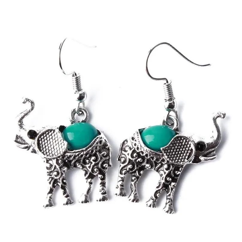 Earrings & Necklace Retro Tibetan Silver Turquoise Elephant Pendant Drop Bracelet Jewelry Sets