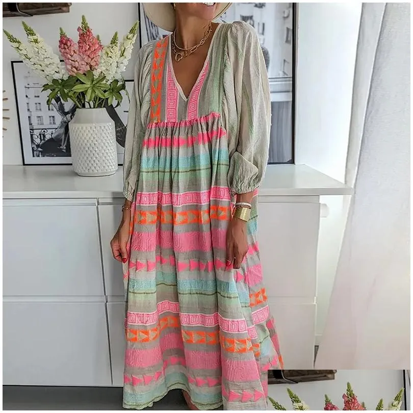 Basic & Casual Dresses Women Retro Loose Long Sleeve V-Neck Party Dress Female Beach Maxi Spring Fashion Boho Print High Street Drop Dhl5X