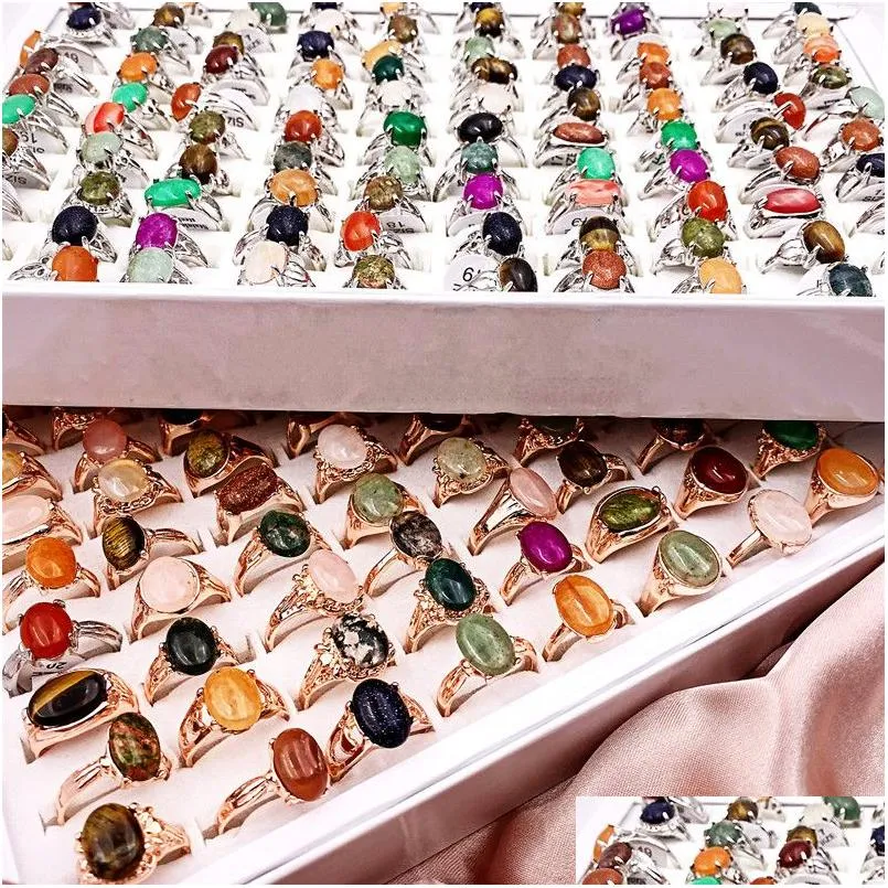 Retro 30Pcs/lot Natural Gem Stone band Rings newest beautiful Bohemia Style mixed Golden silvery Lovers charm Jewelry Fashion women and men
