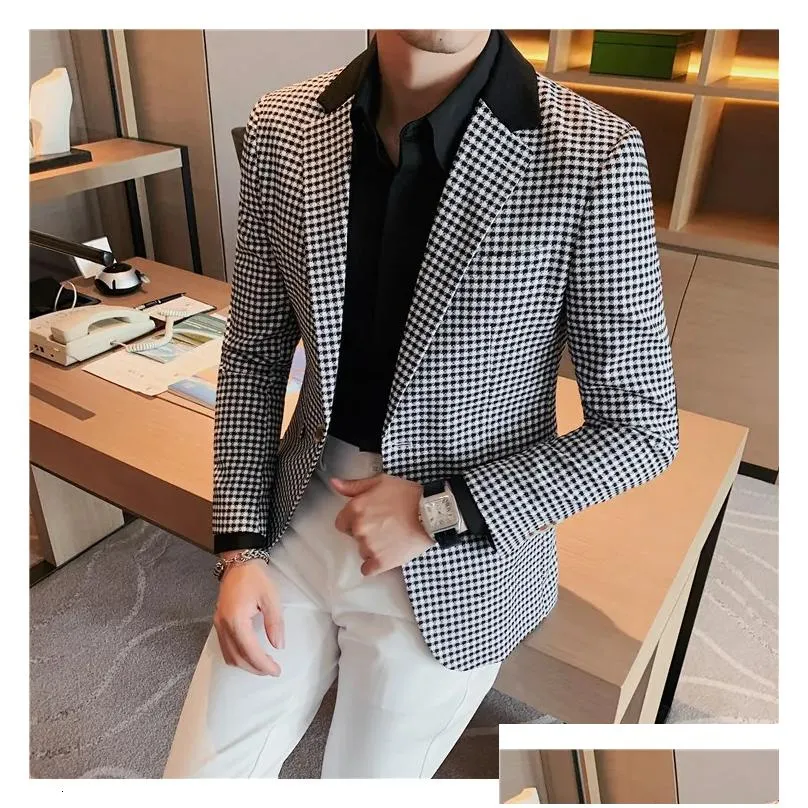Men`S Suits & Blazers Mens High Quality Suit British Style Slim Elegant Fashion Business Casual Dress Tuxedo Spliced Collar Plover Ca Dh0Co