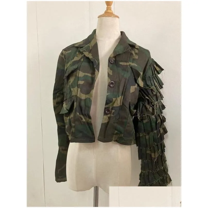 Women`S Jackets Womens Cm.Yaya Women Camouflage Cacading Ruffles Flare Sleeve Button Up Jacket Spring Winter Streetwear Military Outco Dhar8