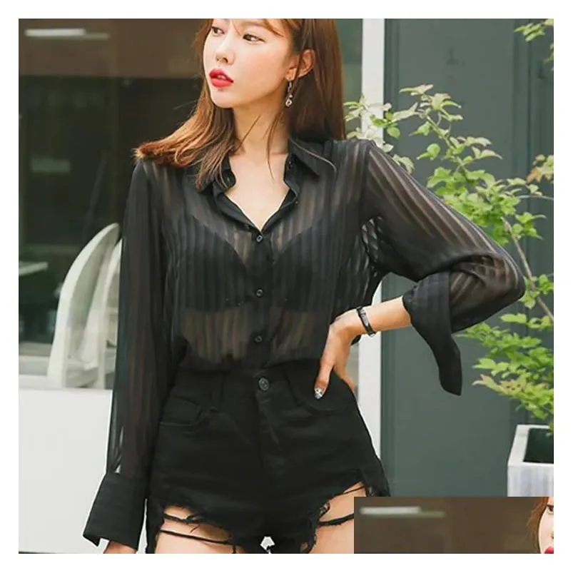 Basic & Casual Dresses Black Chiffon Shirt Lady Ol Striped Y See Through Female Fl Sleeve Elegant Office Top Blouse T08202R 220518 Dr Dhk89