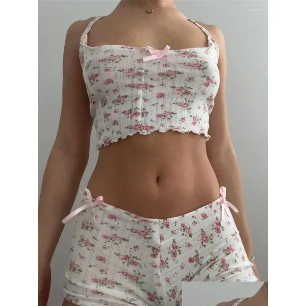 Women`s Tracksuits Two Piece Sets Women Y2K Aesthetic Floral Bowknot Outfits Sleeveless Crop Tank Top Shorts Summer Fitness Sexy