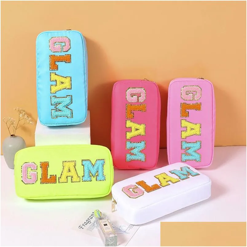 Nylon Cosmetic Bag Chenille Letter Makeup Pouch Zipper Make Up Waterproof Bags with Patches Stuff Organizer for Women