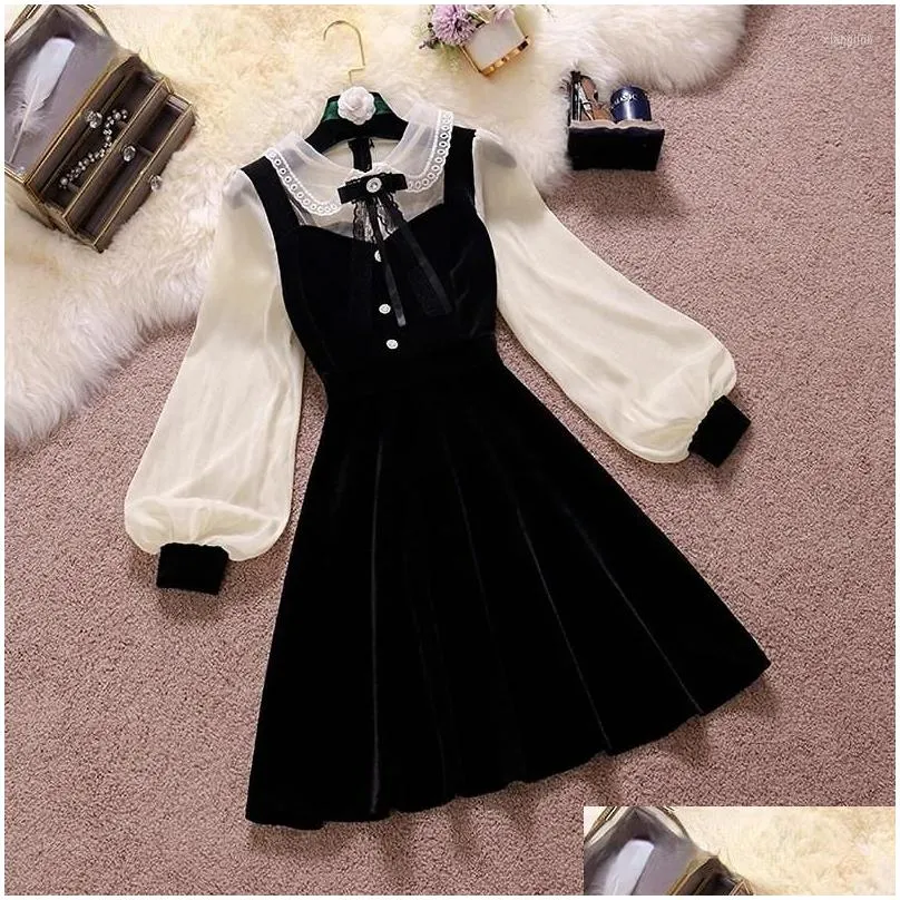 Casual Dresses Vintage Black Velvet Patchwork Summer Dress Fashion Elegant Lantern Sleeve Party Gown High Waist Fitted Vest For