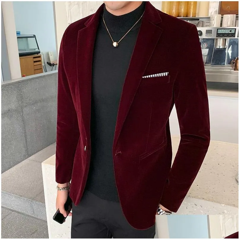 Men`S Suits & Blazers Brand Men Golden Veet Suitmale Slim High Quality Business Blazersgrooms Wedding Dress Mens Jacket Clothing 2207 Dhi3W