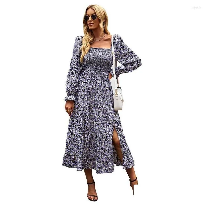 Casual Dresses 2023 Spring And Autumn Sweet Four Seasons Women`s French Style Vintage Floral Square Collar Split Dress Long