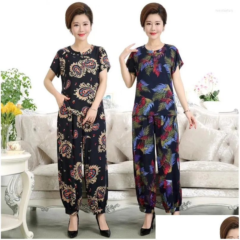 Women`s Two Piece Pants #1154 China Style 2 Sets Woman Tee Shirt And Suits Ladies Casual Loose Women Short Sleeve Printed Tshirts