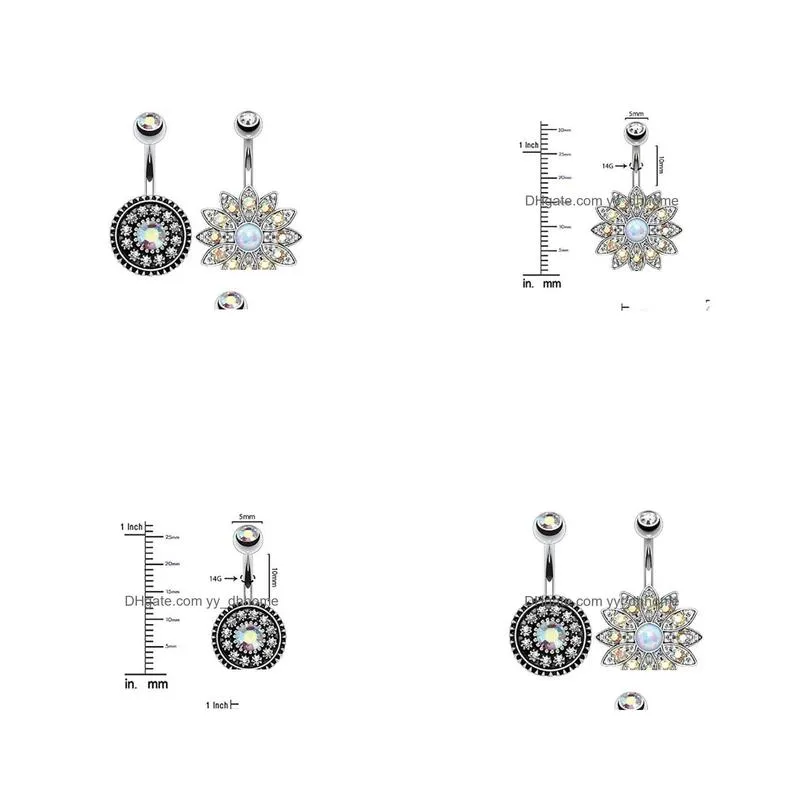 2pcs/set vintage flower round sexy belly dance crystal body jewelry stainless steel navel bell button piercing dangle rings for