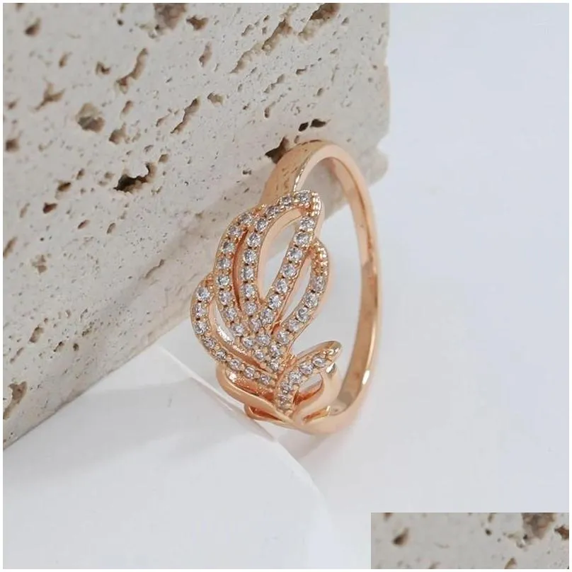 Cluster Rings Luxury Full Zircon Fashion Jewelry 585 Rose Gold Color Leaf Texture Women Finger Wedding Party Elegant Accessories