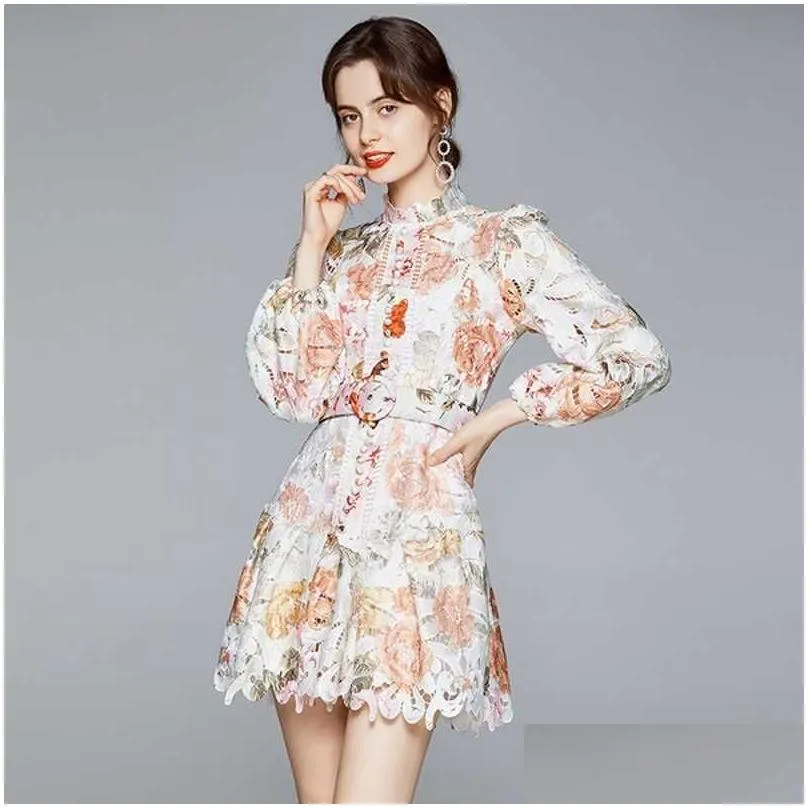 Basic & Casual Dresses Autumn Fashion Designer Single-Breasted Lantern Sleeve Women Printed Embroidery Lace Cutout Puff Mini Dress 21 Dhuql