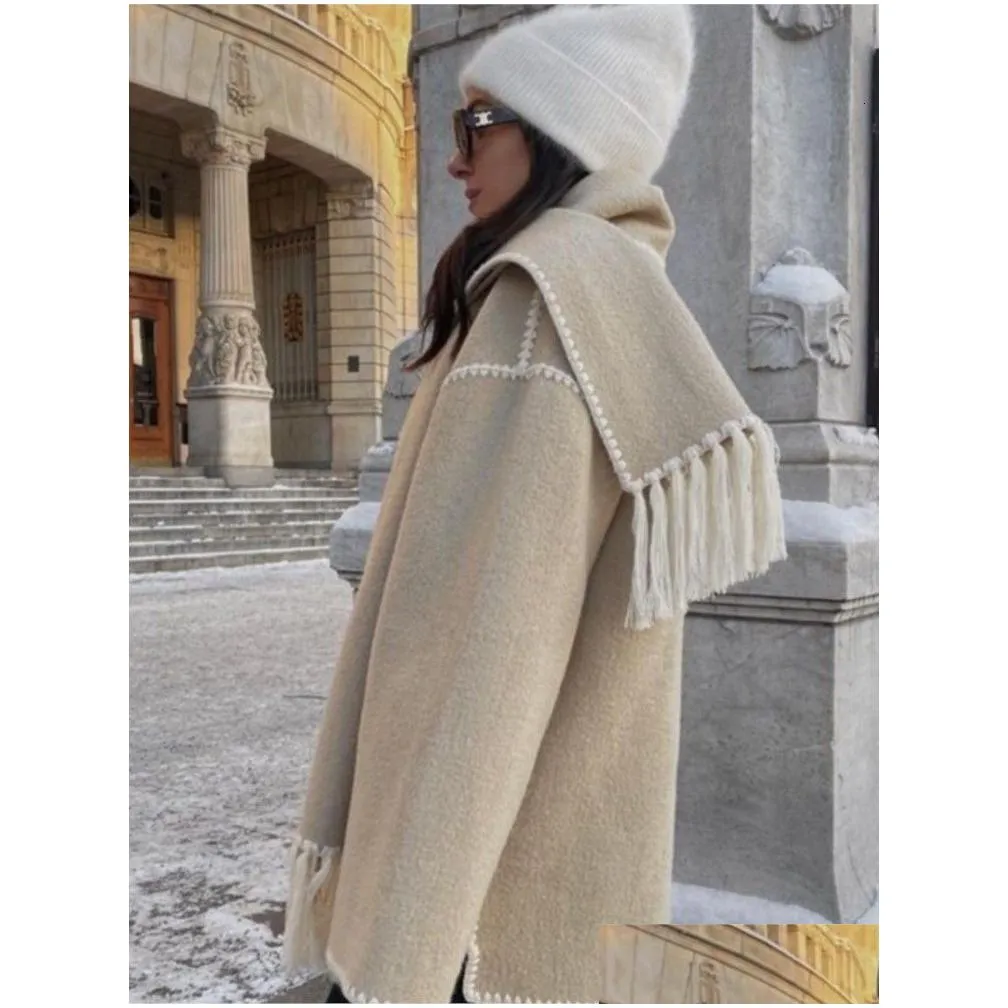 Women`s Jacket`s Wool Blends Contrast Single Breasted Women Coat with Scarf Long Sleeve Oversized Loose Tassles Jacket 2023 Autumn