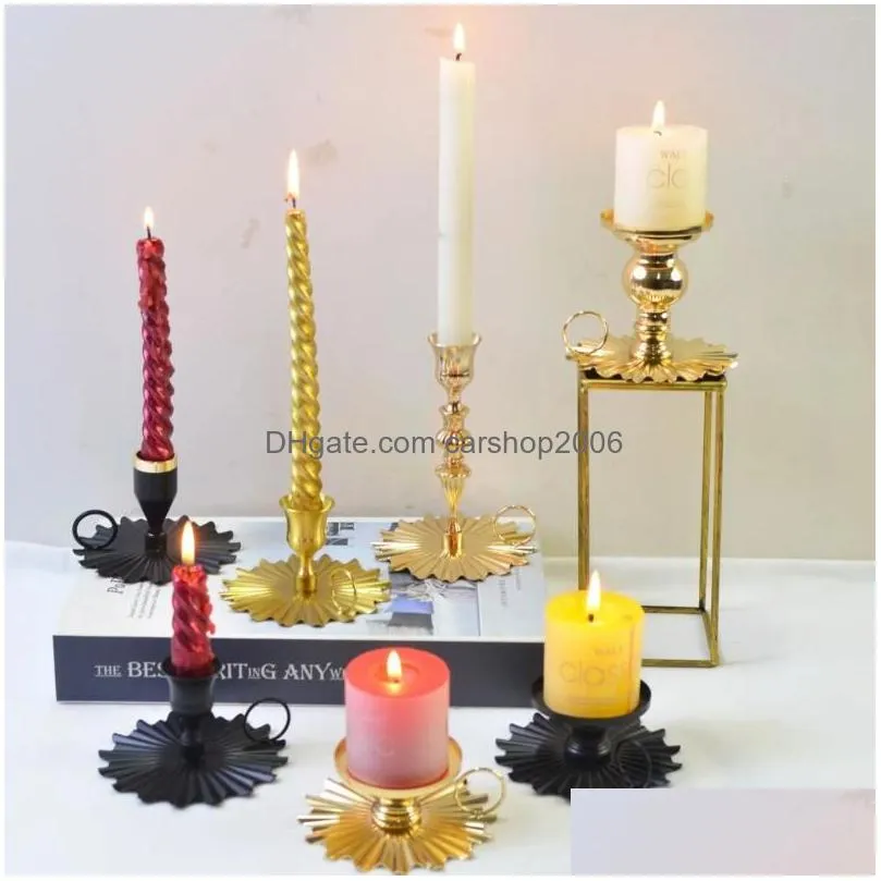 candle holders 2pcs retro iron candlestick exquisite scalloped base creative ring-handle black/gold dinner ornament tearoom