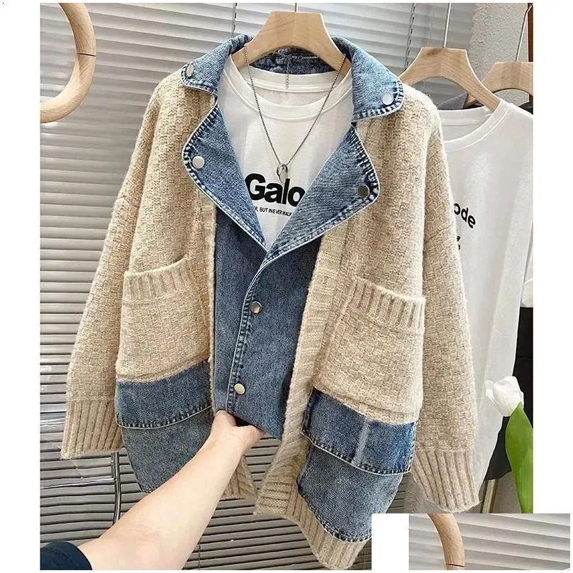 Women`s Jackets 2023 Autumn Winter Women Splicing Denim Jacket Long Sleeve Jean Female Loose Sweater Cardigan 231109