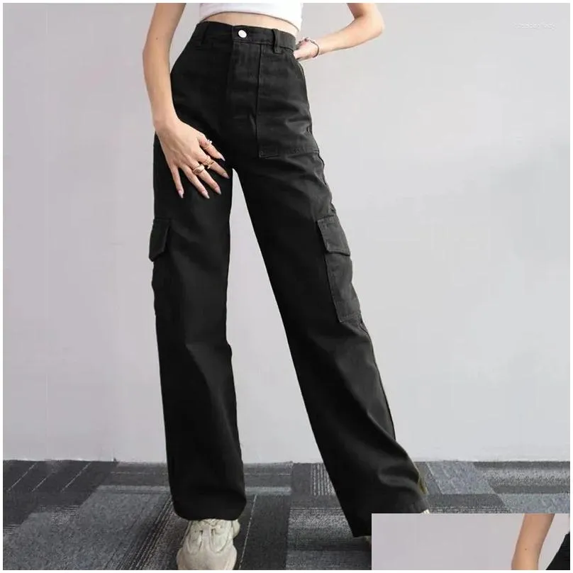Women`s Pants Vintage Straight Style Baggy Trousers Casual Waist Pocket Denim Summer Y2k High Cargo 2023