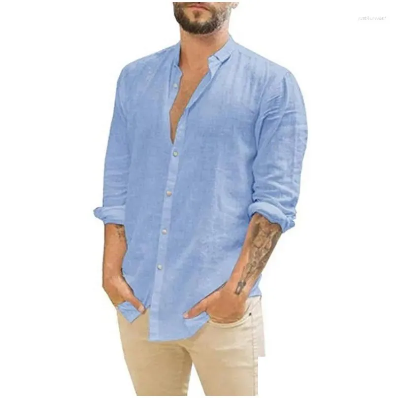 Men`S Casual Shirts Linen Shirt Men Long Sleeves Blouse Loose Tops Spring Summer Handsome Leisure White Blue Drop Delivery Apparel Cl Dh4Zc