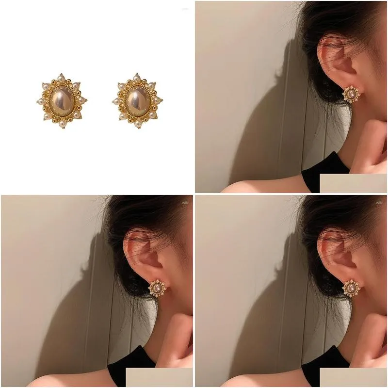 Stud Earrings Vintage Golden Oval Pearl For Women Advanced Luxury Design Pearls Round Earring Party Jewelry