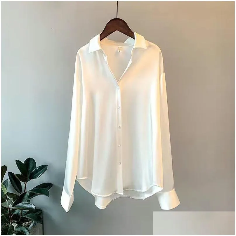 Women`S Polos Womens S Vintage Blouse Satin Shirt Long Sleeve Elegant Button Up Office Lady Spring Summer Top Female Women Clothes 230 Dhtch