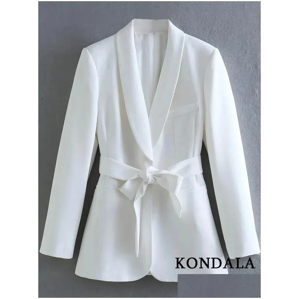Women`S Suits & Blazers Womens Kondala Office Lady White Blazer Women Long Sleeve V Neck Sashes Blazerhigh Waist Wide Leg Pants Fashi Dh6Aq