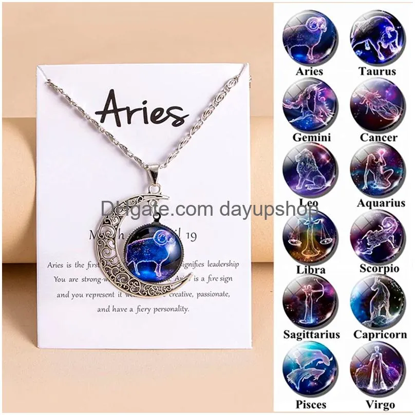 Pendant Necklaces Time Gem Moon12 Constellation Zodiac Sign Necklace Horoscope Jewelry Galaxy Libra Astrology Gift With Retail Drop De Dhzy1