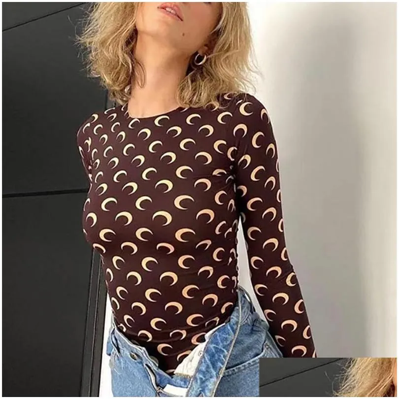 Women`S T-Shirt Women Long Sleeve T-Shirts Solid Color Ice Silk Crescent Moon Print Bodycon Round Neck Slim Casual Tops Lady Fashion O Dh0Ns