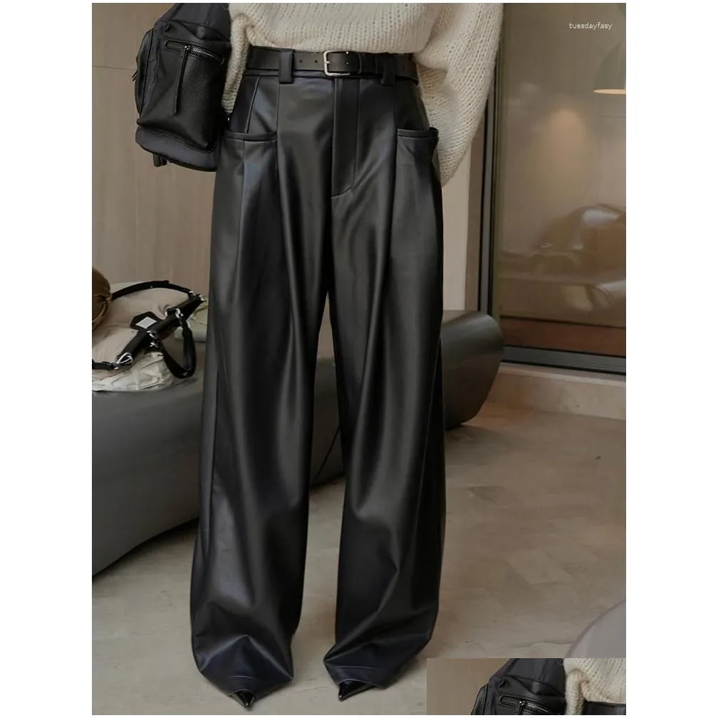 Women`s Pants LANMREM Fashion PU Leather Wide Leg Women High Waist Loose Black Long Trousers Streetwear 2023 Autumn Clothing 22548